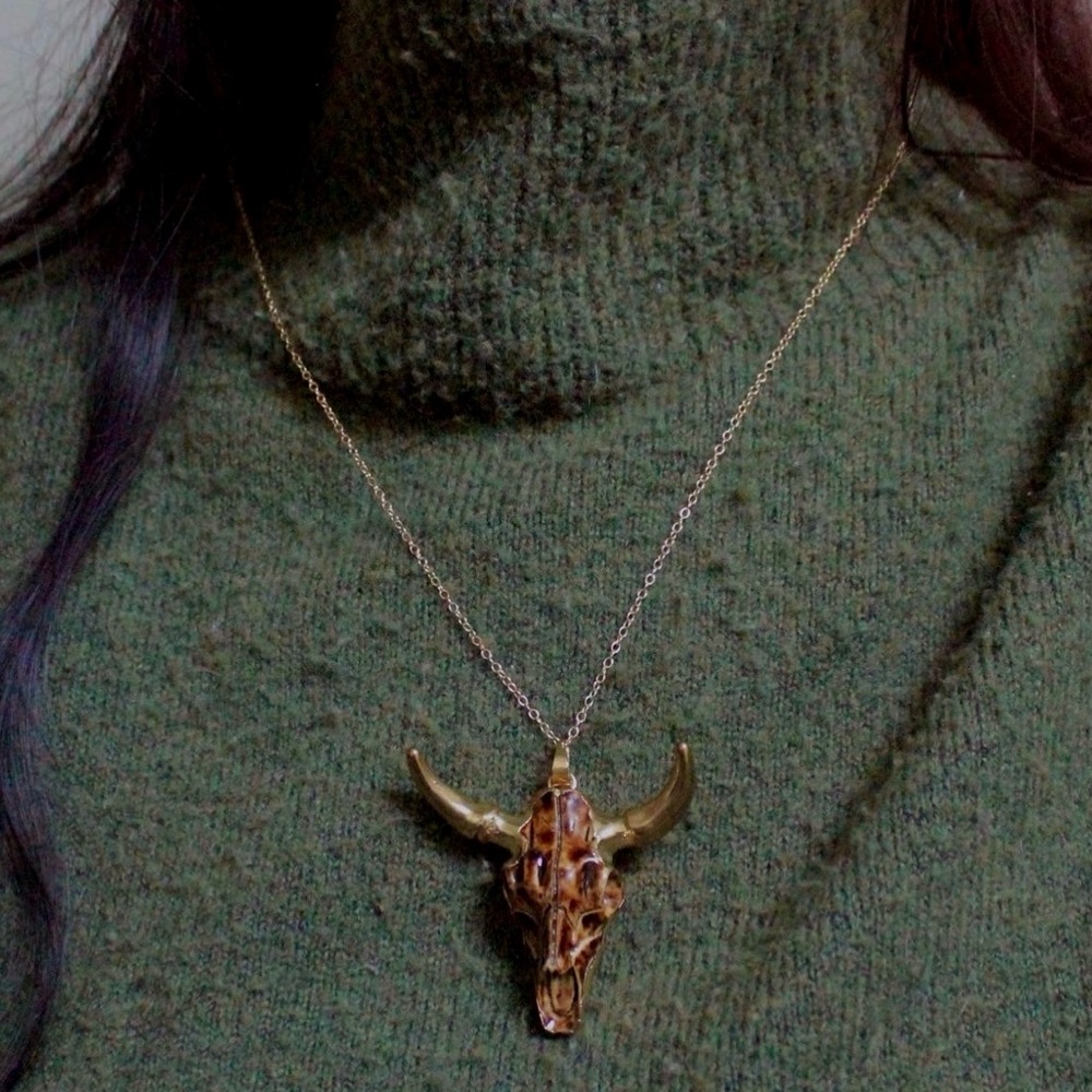 Handmade Resin Cow Skull Pendant Necklace on 14k Gold Filled Chain